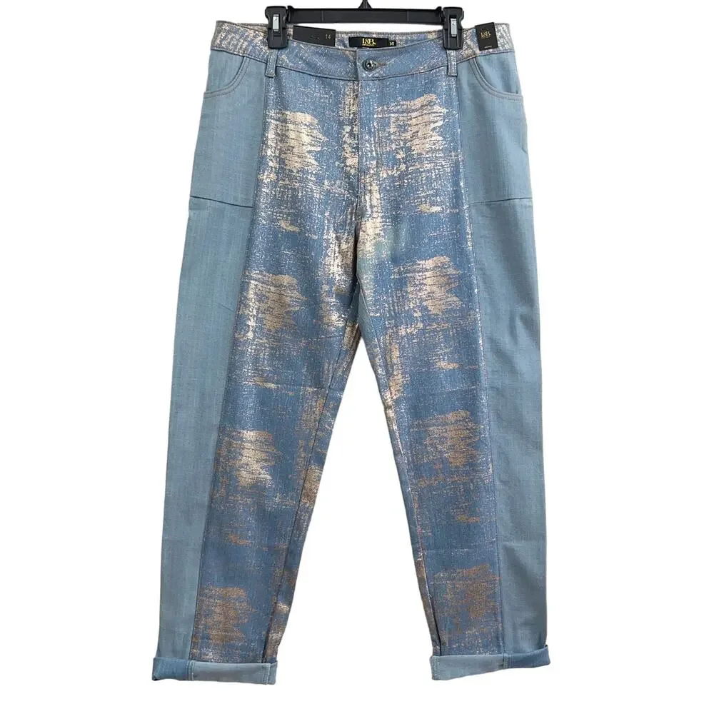 L&B Lucky & Blessed Boyfriend Jeans Gold Leaf Panel Light Wash Women's Size 14 - Picture 1 of 9